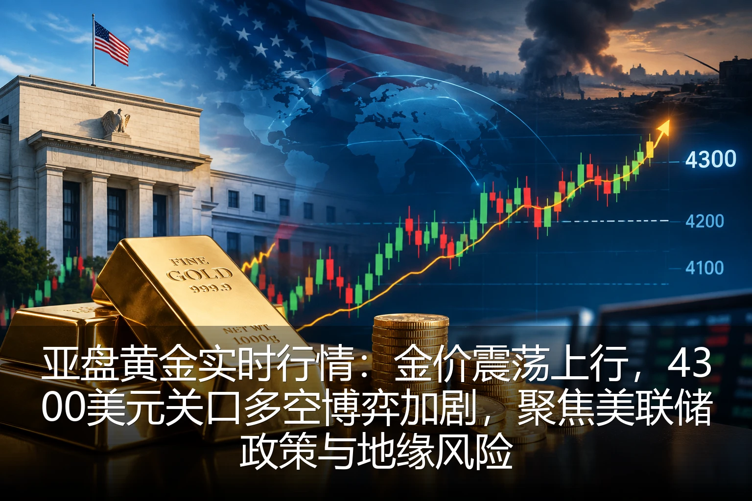亚盘黄金实时行情：金价震荡上行，4300美元关口多空博弈加剧，聚焦美联储政策与地缘风险