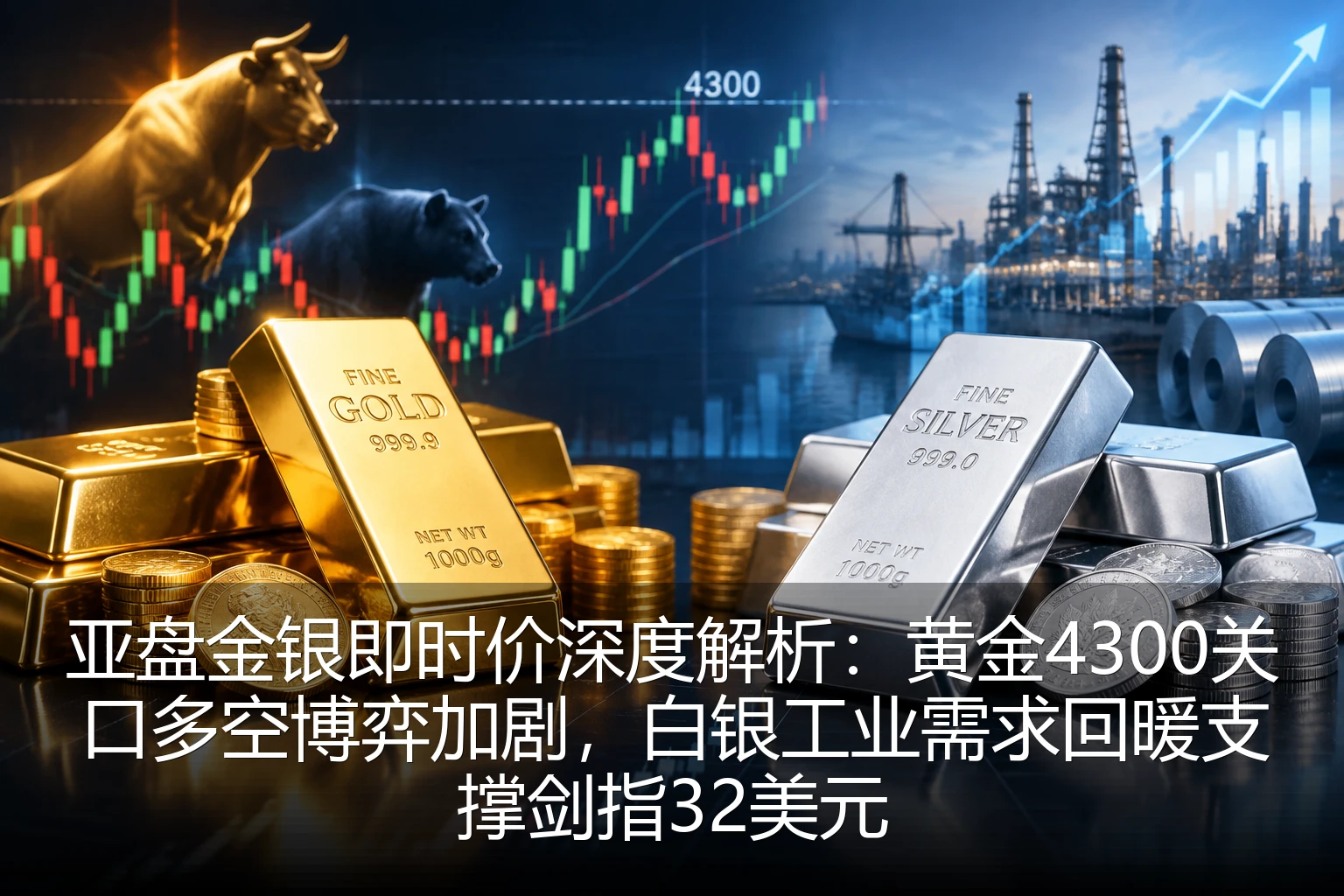 亚盘金银即时价深度解析：黄金4300关口多空博弈加剧，白银工业需求回暖支撑剑指32美元